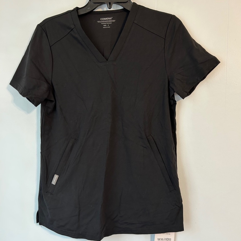 Comenii Technical Workwear Women Black V-Neck Scrub Top Zipper Pockets CM2103‎ S